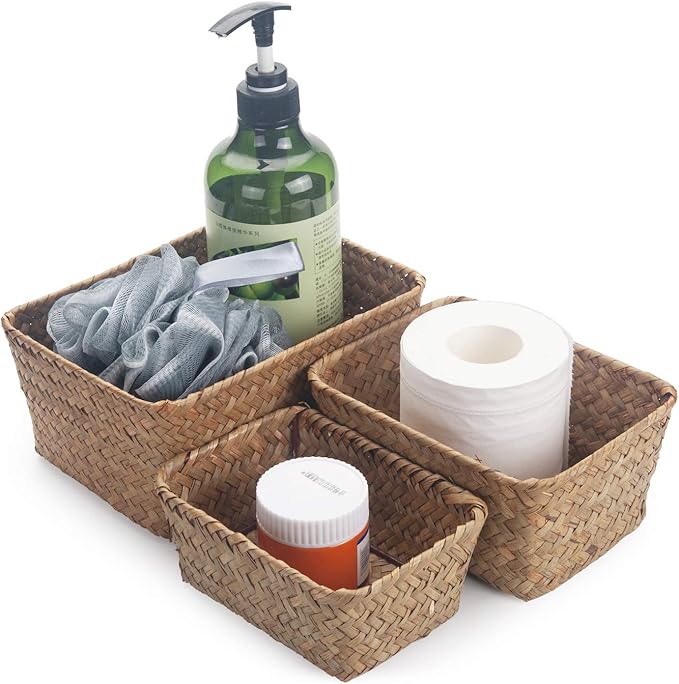 DOKOT Small Woven Wicker Open Storage, Rectangular Handmade Seagrass Baskets for Home, Bathroom Organization(Set of 3)