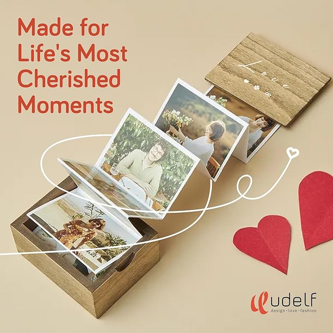 udelf Personalized Wooden Photo Box Gift with Accordion Picture Pull Out-Custom Gifts for Lover Husband Wife I Wedding Keepsake Box, Anniversary Box | Picture Box Gift I Holds 14 Photo Prints, 3""x2""