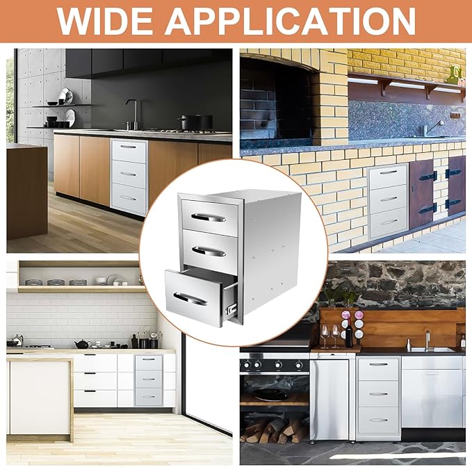 Outdoor Kitchen Drawers Stainless Steel 14W X 21H X 21D Inch, Flush Mount Triple BBQ Island Drawers with Handle for Outdoor Kitchens, Patio or Grill Station
