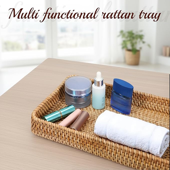 Rattan Serving Tray, 3 Pcs Rectangular Wicker Tray Set Natural Decorative Woven Trays for Fruit, Water Cups, Teacups, Snacks, Candy, Dried Fruit, Bread, Desserts (3 Sizes)