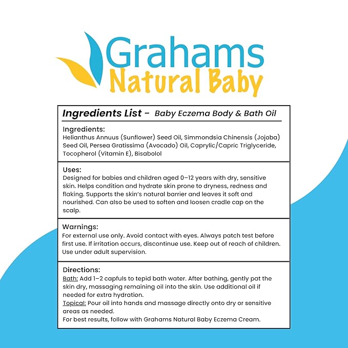 Grahams Natural Baby Eczema Body and Bath Oil - Treat Eczema & Cradle Cap, Relief for Itchy, Dry Skin - Clinically Proven Formula - For Ages 0+ Months to 12 Years (1 x 100ml)