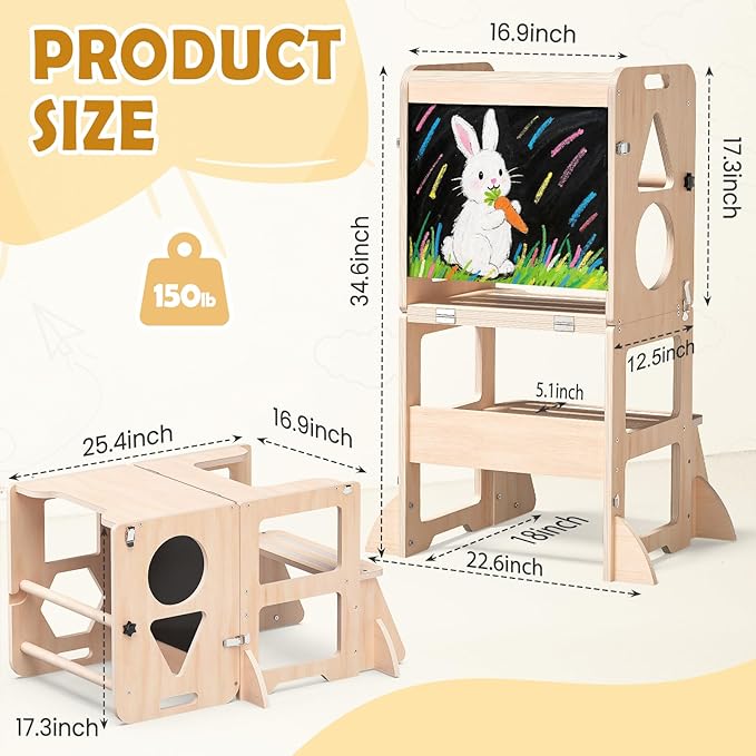 Woodure 4-in-1 Toddler Kitchen Step Stool, Foldable Learning Standing Tower with Blackboard, Wooden Kitchen Stool Helper for Kids, 1-3 Year Old Boy Girl Gifts