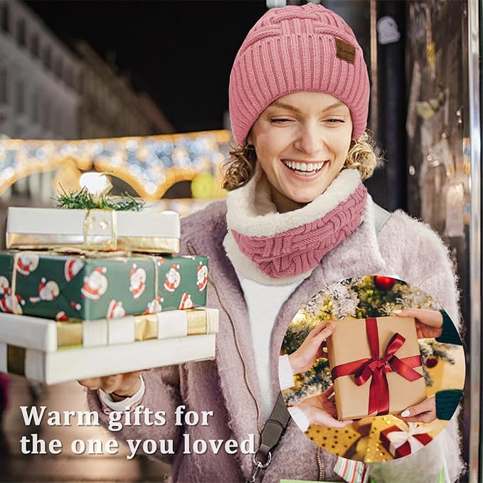 Loritta 3-Pieces Winter Hat Neck Warmer Touchscreen Gloves Set Knit Thick Scarf Beanie Hats Scarves Set Gifts for Women
