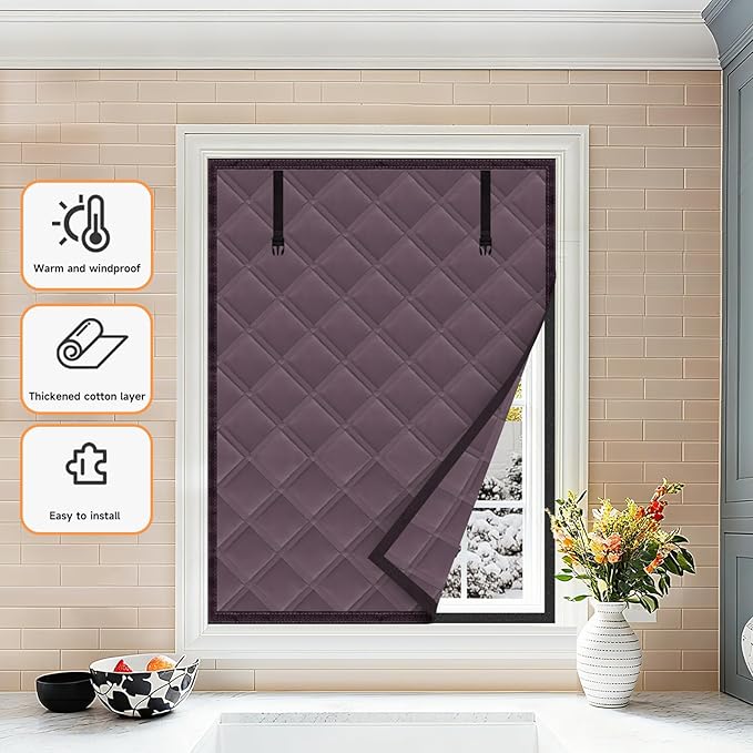 Winter Insulated Window Curtain 39"x63", Oxford Cloth Thermal Insulated Window Cover with Buckles,Heavy Duty Window Insulation Kit Fits Windows up to 38"x62",Brown Red