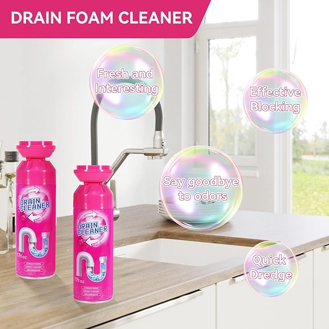 Foaming Drain Cleaner, Sink Cleaner and Deodorizer, Drain Clog Remover for Kitchen Sinks, Tubs, Shower Drains (2 Pcs)