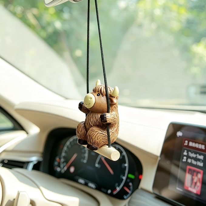 YGMONER Swinging Highland Cow Car Hanging Ornament – Holiday Favorite Farm Animal, Funny Rear View Mirror Hanging Accessories, Ideal Gift for Animal Lovers (Highland Cow)