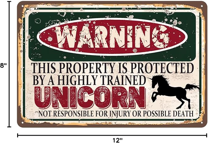 RCXsigns Vintage Unicorn Metal Sign, Warning this property is protected bY a highly trained Unicorn Sign Funny Tin Signs 12x8 Inch
