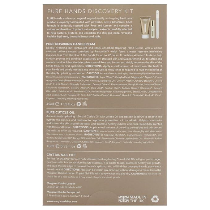 Margaret Dabbs London Pure Hands Discovery Gift Set with 45ml Repairing Hand Cream, 10ml Cuticle Oil and Small Crystal Nail File