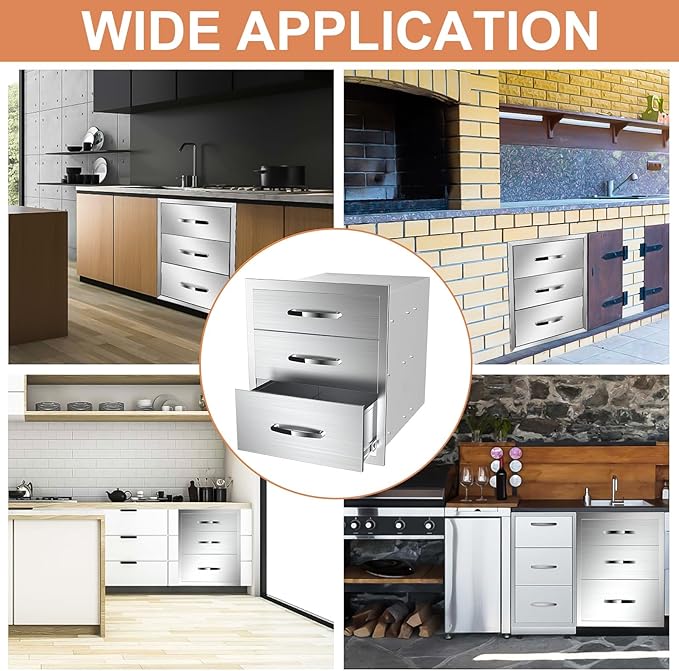 Outdoor Kitchen Drawers Stainless Steel 18W X 24H X 23D Inch, Flush Mount Triple BBQ Island Drawers with Handle for Outdoor Kitchens, Patio or Grill Station