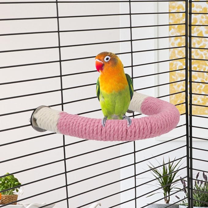 Hypeety U Shape Bird Hemp Rope Perch Parrot Paw Grinding Stand, Pink, S | U shape, natural wood with hemp rope, grinding paw and beak naturally, birdcage accessories, for budgies/cockatiels/conures