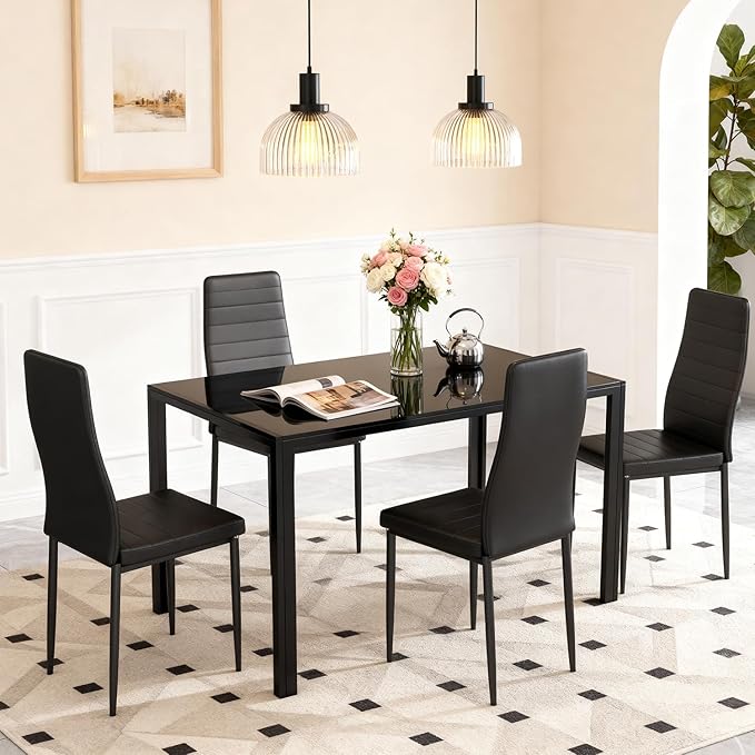 FDW | Dining Chairs Set of 4 | Black | Kitchen Chairs 4 Upholstered Chairs and Faux Leather Cushions | Space-Saving and Modern Design | for Dining Room, Easy to Assemble