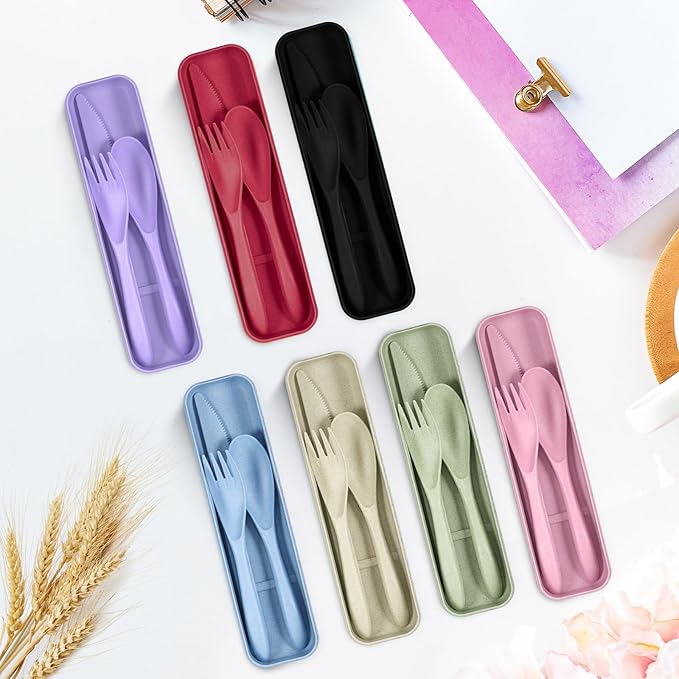 Yahenda 28 Sets Reusable Travel Utensils Set with Case Wheat Straw Cutlery Portable Spoon Knife Fork Tableware Lunch Box Accessories Bulk for Adult Travel Picnic Camping Utensil Gifts(Assorted Colors)
