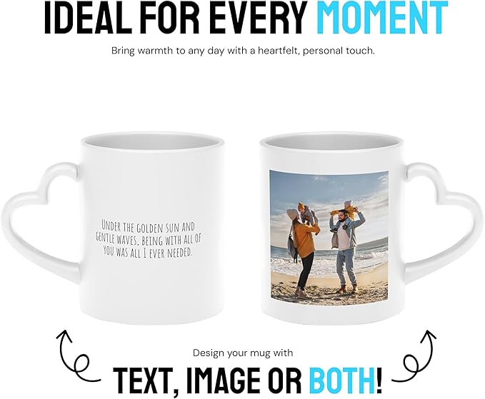 Personalized Heart Handle Coffee Mug – Custom Coffee Mug with Photo, Text or Logo | Taza Personalizada | Unique Personalized Gifts for Mom, Boyfriend, Girlfriend, Best Friend, Christmas | White - 11oz