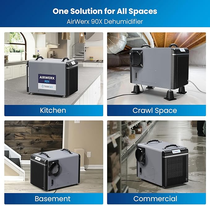 BaseAire 198 Pints Dehumidifier with Pump for Crawl Space, Basement, Portable AirWerx90X Commercial Dehumidifier for Whole Home, Intelligent Humidity Control, Auto Shut off Restart