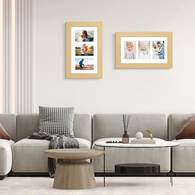 8x14 Picture Frame Display 3 opening 4X6 Picture Frame Collage,Multi Photo Frame with Mat,Plexiglass,Wall Hanging Decor,Natural Wood Grain