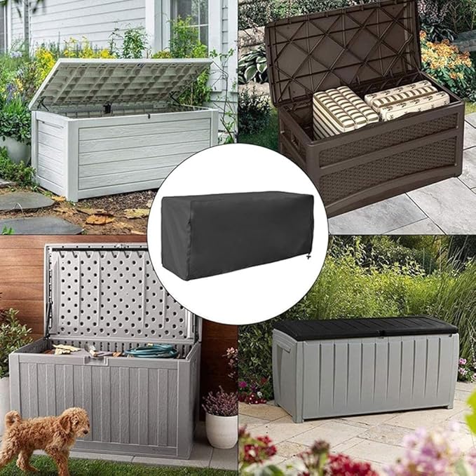 Outdoor Storage Box Cover 210D Oxford Waterproof Protector Adjustable Rope Buckle Weather Resistant Dust Snow Foldable Lightweight Fits Garden Patio Black (158×76×69cm)