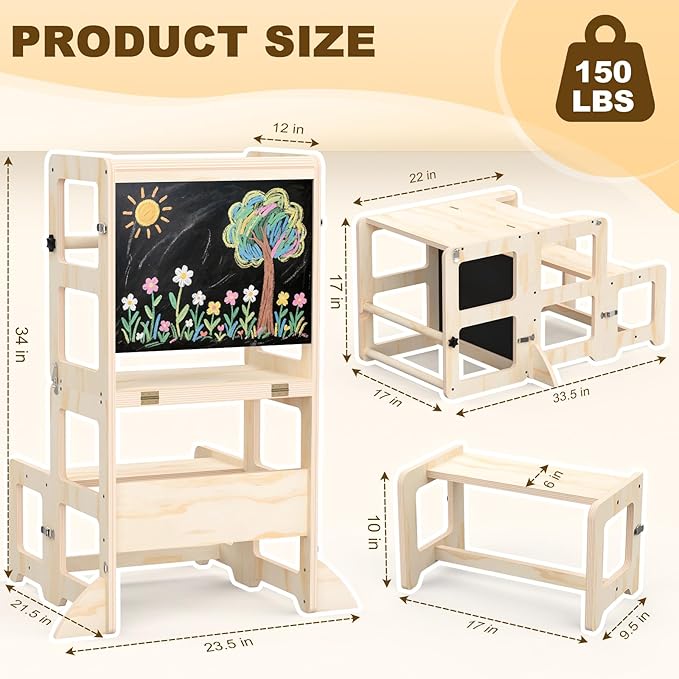 Toddler Kitchen Step Stool, 4-in-1 Foldable Standing Tower with Blackboard, Toddler Step Stool for Bathroom Sink, Kitchen Counter, Ages 18 Months+