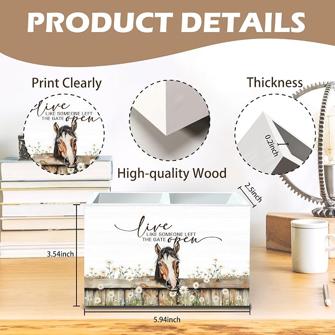 DILSJ Inspirational Horse 2 Compartment Pen Pencil Holder Organizer for Desk, Horse Gifts for Women, Live Like Someone Left The Gate Open Wooden Box Signs for Home Office Desk Tabletop Decoration