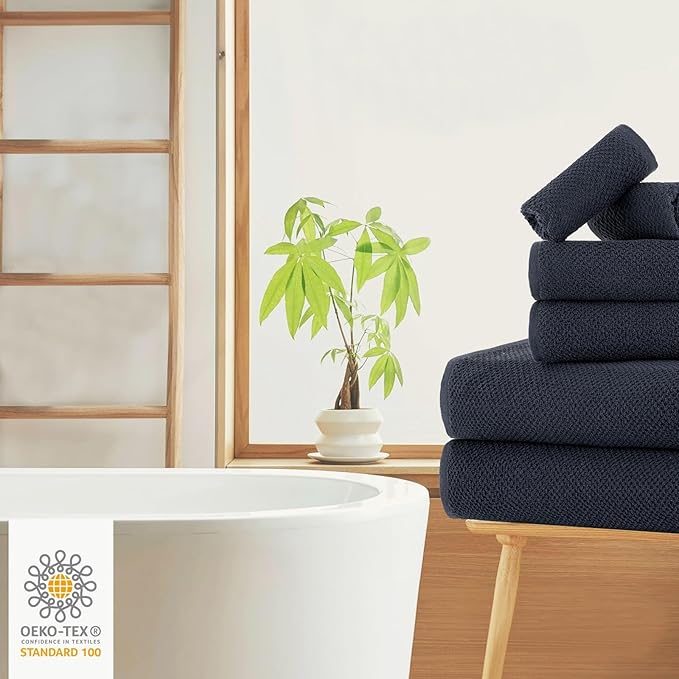 CASA COPENHAGEN Popcorn Textured 6 Pieces Towel Set- Navy Blue, 550 GSM 2 Bath Towel 2 Hand Towel 2 Washcloth, Rough & Tough Use Cotton Towels Gift Set for Bathroom