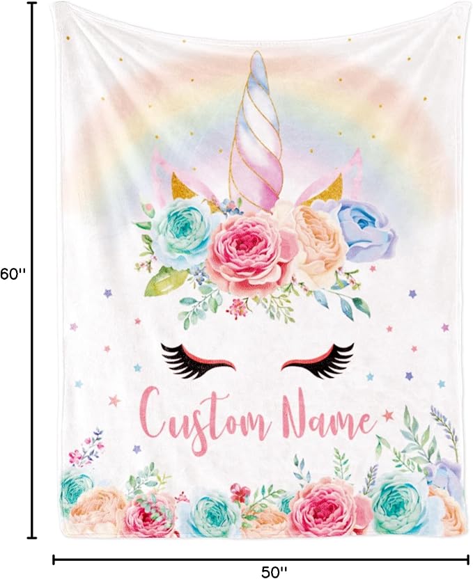 Personalized Unicorn Blanket with Name for Girl, Custom Name Blanket for Teen, Soft Flannel Pink Unicorn Toddler Blanket Customized Gift for Birthday 50''x60''