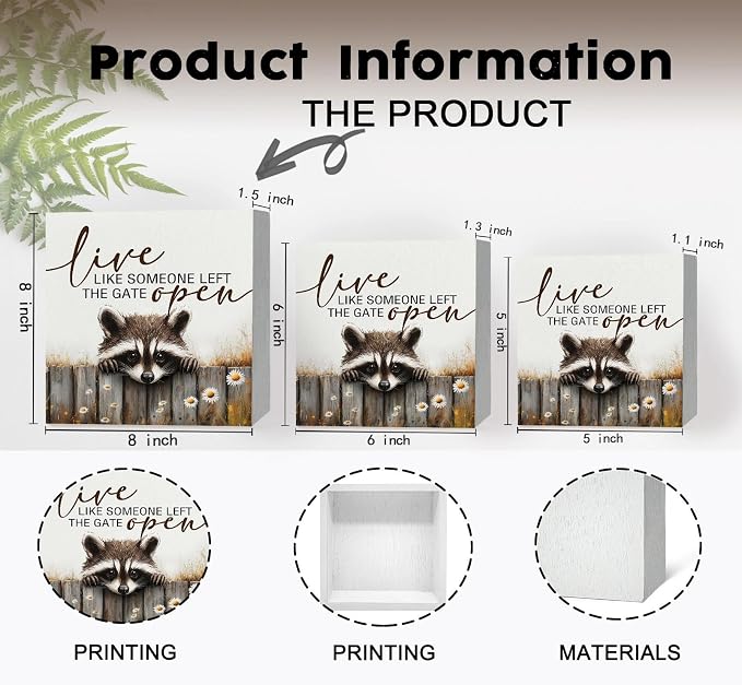 Raccoon Sign - Live Like Someone Left The Gate Open Wooden Box Signs, Raccoon Decor, Farmhouse Trash Panda Wood Decoration Home Decor For Desk Table Shelf 8x8 Inch Decorative Signs & Plaques