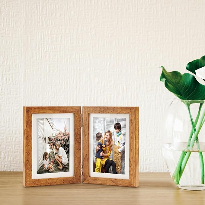 Double Hinged 4X6 Picture Frame with Real Glass-Tabletop or Wall Mounted, Display for 3X5 & 4X6 Photos (with/without Mat)-Rustic Brown, For Family Photos & Wedding Memories-Z46X2