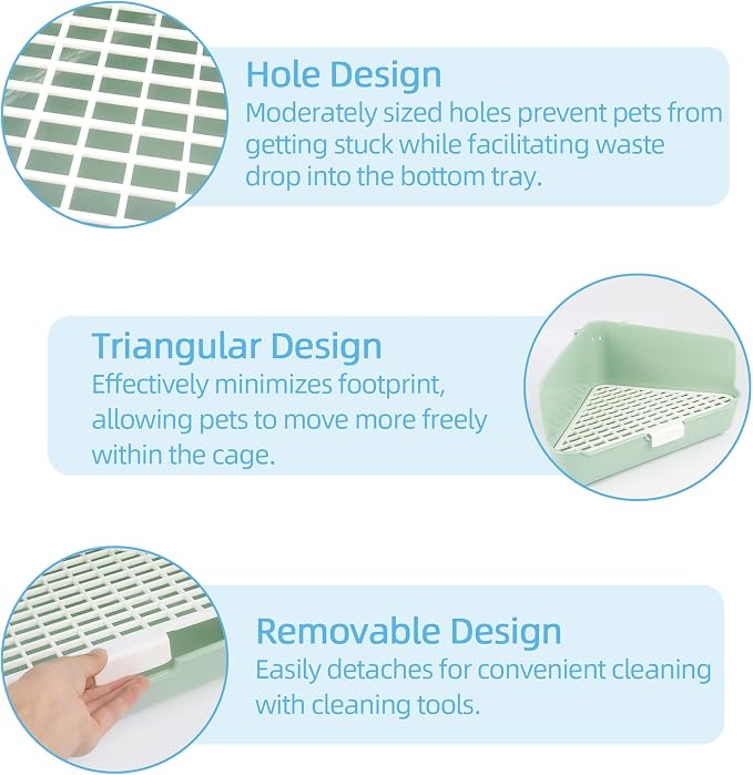 Large Rabbit Litter Box 10" x 10" x 7" with Broom & Grooming Kit, Low-Entry Corner Toilet Pan for Potty Training Rabbits Bunny Guinea Pigs Ferrets (Green)
