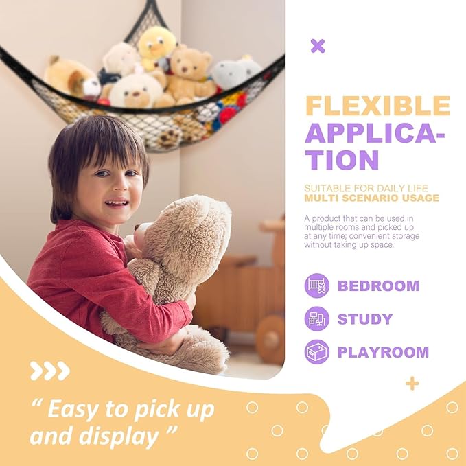 Stuffed Animal Net Hammock for Plushie Toys, Stuffed Animal Hammock Corner for Kids' Room Decor, Ideas for Organizing Stuffy Collection, Easy to hang with Anchors & Hooks