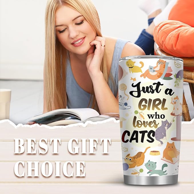 Cat Gifts for Women, Just a Girl Who Loves Cats Tumbler with Straw 20 Oz, Animal Lovers Gifts for Thanksgiving Christmas, Cat Themed Gift for Cats Mom Lover, Kitty Insulated Travel Cup, 1 PCS