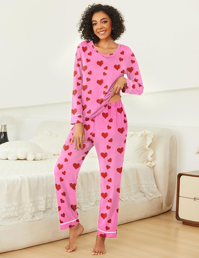 Ekouaer Womens 2 Pack Pajama Set Long Sleeve Pajamas Top and Pants V Neck Pjs Set Soft Loungewear with Pockets