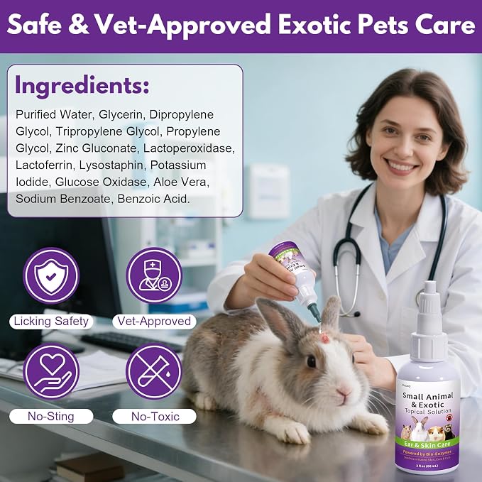 Topical Solution for Rabbits, Guinea Pigs & Exotics, Relieves Ear & Skin Infections, Scratching & Wounds, for Hamsters, Ferrets & Birds, Antibiotic-Free & Safe if Licked, 4 oz