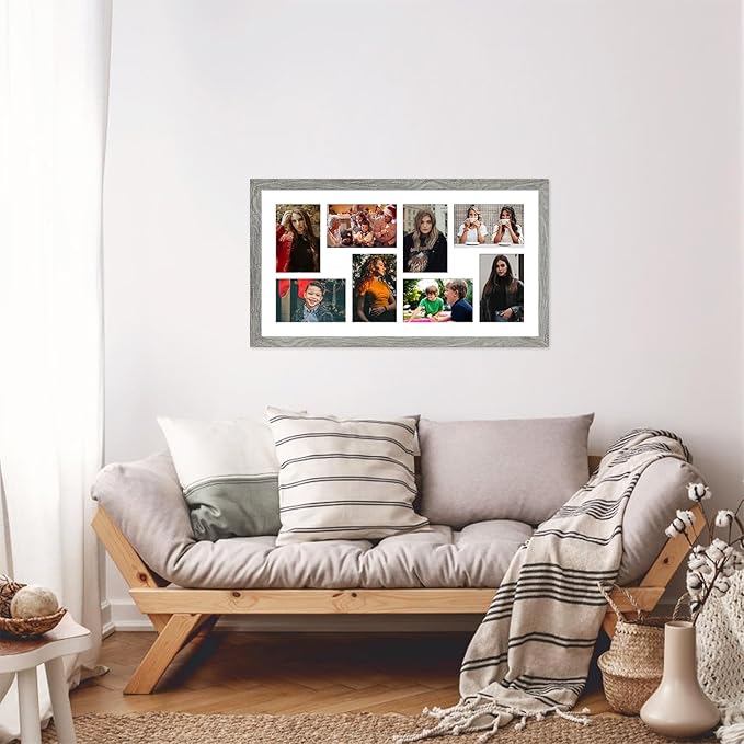 11.8x21.8 Collage frame with 8 Openings 4X6 Pictures, Multiple Picture Frame with Mat, Wall or Tabletop Decor, Grey Wood Grain,2 Pack