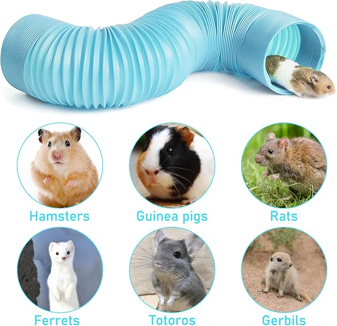 PINVNBY 2 PCS Hamster Tunnels,Plastic Ferret Tunnel,Guinea Pigs Tubes Hamsters Foldable Exercising Training Hideout Tube with 19 PCS Small Animals Toys for Mouse Gerbils Rats Mice(Blue)