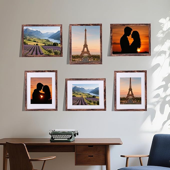 6 Pcs 11x14 Rustic Brown Wood Picture Frame - Display Pictures 8x10 with Mat or 11 x 14 without Mat - Distressed Brown Wooden Photo Frames for Wall Mounting 11 14 Matted to 8x10 Farmhouse Set of 6