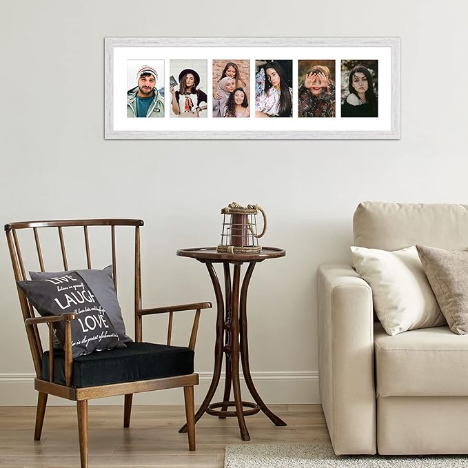 8x26 Collage frame with 6 Openings 4X6 Pictures, Multiple Picture Frame with Mat, Wall or Tabletop Decor, White Wood Grain (1 Pack)