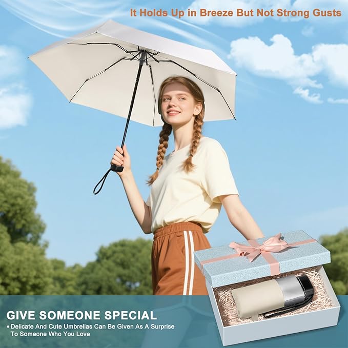 LEAGERA Mini Umbrella For Purse - UPF 50+ UV Blocker Sun Protection Umbrella, Small Micro Travel Parasol Design for Women, Beige