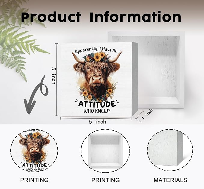 Highland Cow Sign, Farm Cottagecore Animal Office Kitchen Bedroom Decor, Apparently I Have an Attitude Who Knew Wooden Box Signs, Apparently Highland Cow Gifts for Women Men 5x5 in
