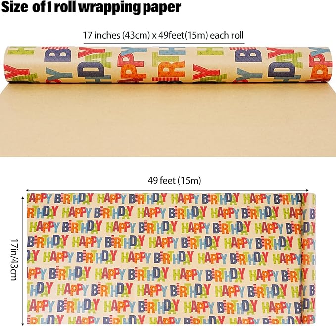 Birthday Wrapping Paper Roll, Kraft Gift Wrapping Paper Jumbo Roll, Colorful Happy Birthday Wrapping Paper for Kids Boys Girls Men Women, Brown Kraft Wrapping Paper for Birthday Party, 17Inchx49Feet