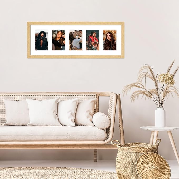 8x24 Collage frame with 5 Openings 4X6 Pictures, Multiple Picture Frame with Mat, Wall or Tabletop Decor, Natural Wood Grain (1 Pack)