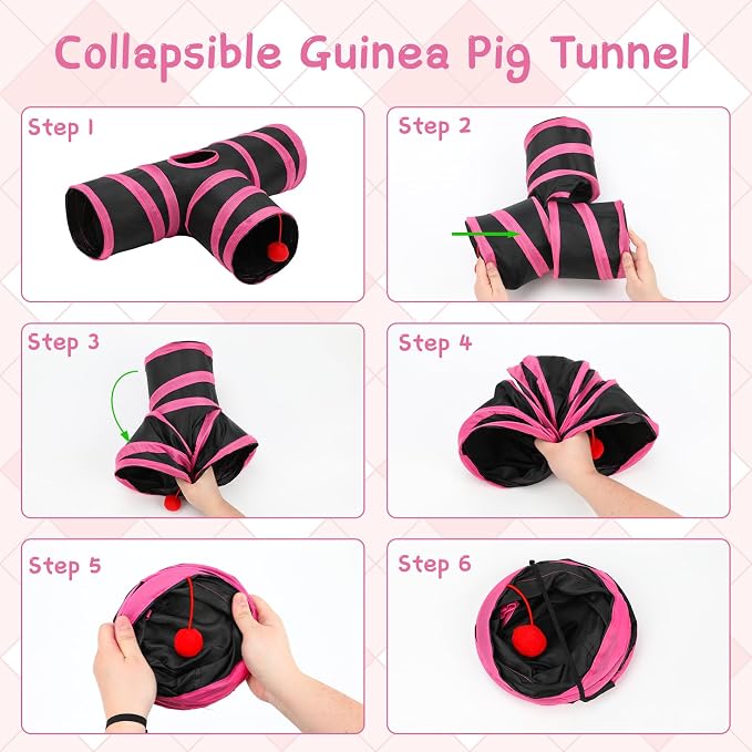 Rypet Guinea Pig Tunnel Hideout 3-Way Collapsible Pet Tubes, Red Black | 3 Way Design for Exploration, Collapsible for Easy Storage, Built-in Play Ball, Hiding & Resting for Hamsters Ferrets