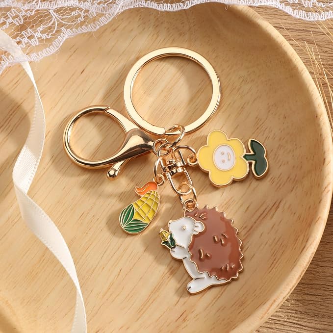 Hedgehog Keychain with Flower Thanksgiving Keycharm with Wheat Unique Animal Keyring for Women Farm Keychains Gifts