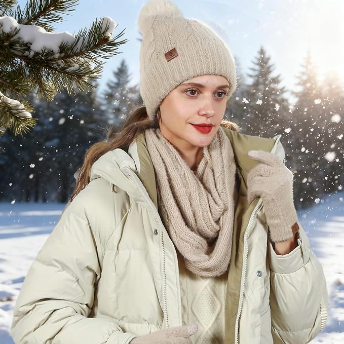 Womens Beanie Hat Infinity Scarf Touchscreen Gloves Fleece Headband 4 in 1 Winter Clothes Set Gifts for Women