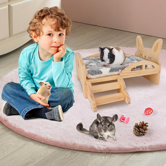 Rypet Wooden Guinea Pig Bed with Stairs & Mat, Bunny Bed Hideout | Cozy Small Animals Cushion Bed, Detachable Small Pet Hut Habitats, Cushion, Guinea Pig Hideout, Chinchillas and Ferrets