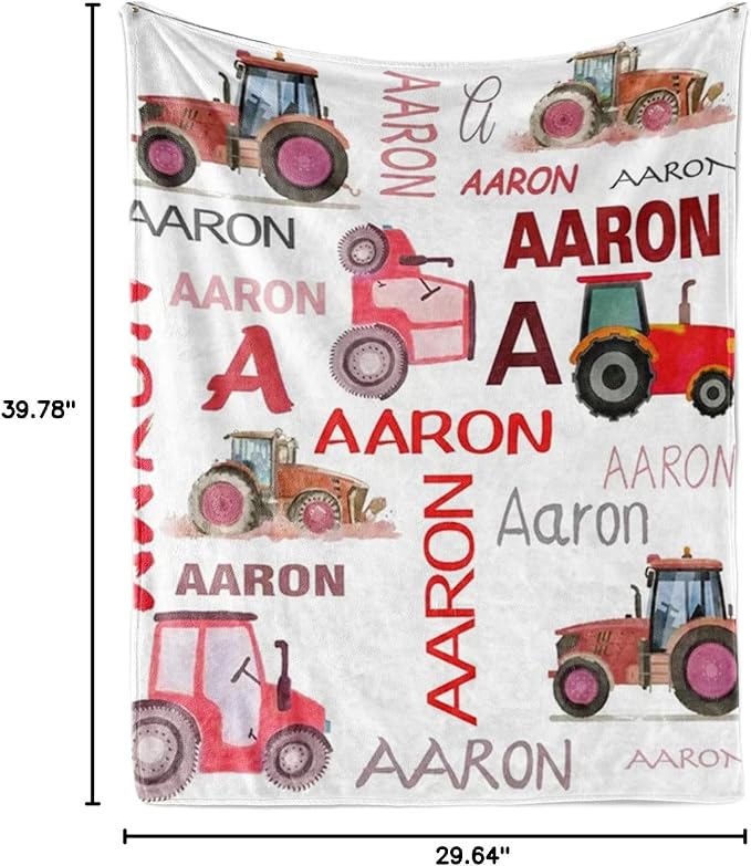 Personalized Tractors Blanket - Custom Name with Farm Tractor Trucks Design - Soft Plush Flannel Bed Blanket for Baby Kid Teen Boys Girls Customized Gifts White & Red