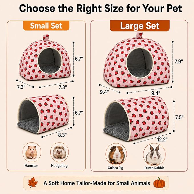 Hamster Hideout Tunnel Set, 2 Pack Washable Small Animal Bed with Removable Cushion, Cozy Play Tunnel Cage Accessories for Hamsters, Hedgehogs, Mice, Rats, Gerbils, Pink Strawberry
