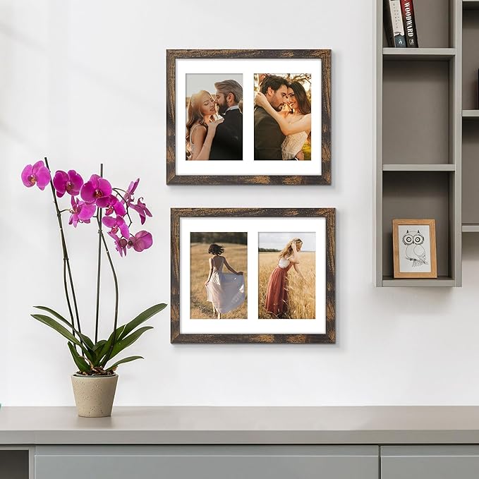 8x10 Double Picture Frame For Displaying Double 4x6 Picture Frame for Wall Mounting or Tabletop, Brown.