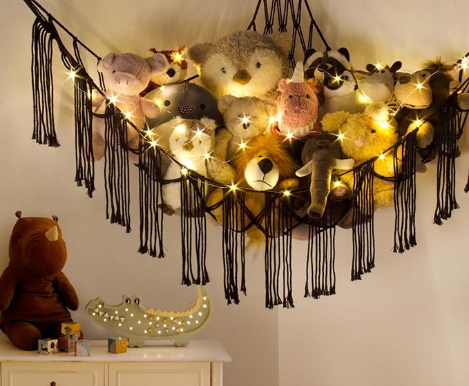 Macrame Stuffed Animal Hammock Corner with LED Light - Black Toy Storage Hammock Plushie Net Organizer Display - Teddy Bear Stuffy Hammocks - Boy Bedroom Decor Cool