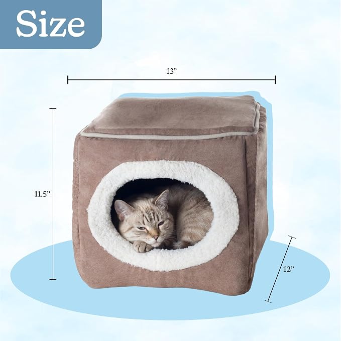 Cat House - Indoor Bed with Removable Foam Cushion - Cat Cave for Puppies, Rabbits, Guinea Pigs, and Other Small Animals by PETMAKER (Light Brown)