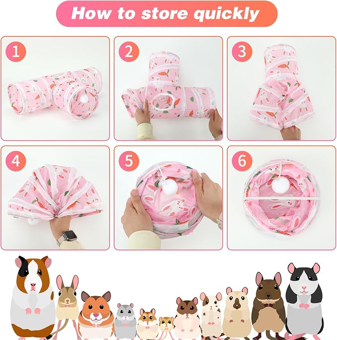 Rypet Guinea Pig Tunnel Hideout 3-Way Collapsible Pet Tubes, Carrot Pink | 3 Way Design for Exploration, Collapsible for Easy Storage, Built-in Play Ball, Hiding & Resting for Hamsters Ferrets