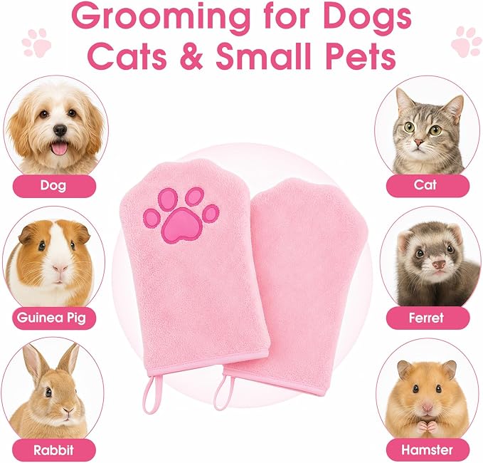 A Pair of Microfiber Reusable Pet Grooming Towel Gloves, Machine-Washable Double-Sided Bath Mitts, Dirt & Odor Removal Cleaner for Dog and Cat Paws & Coat (Pink)